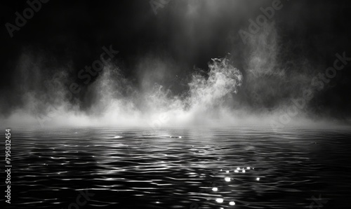 Enigmatic Misty Seascape - Fantasy 4K Wallpaper with Ethereal Atmosphere,Black background with white smoke, sea water reflection, fog and mist, dark atmosphere, fantasy style