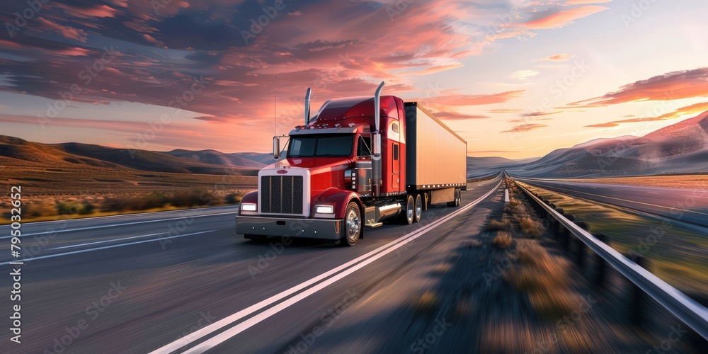 Trailer truck driving on an asphalt road carrying packages of goods to be delivered to long-distance destinations, background of a goods delivery service company. Trailer truck driving on an asphalt road carrying packages of goods to be delivered to long-distance destinations, background of a goods delivery service company.
