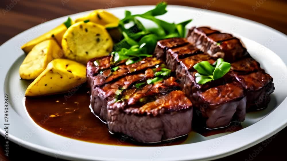 Deliciously grilled steak with a side of tropical fruit and greens Deliciously grilled steak with a side of tropical fruit and greens
