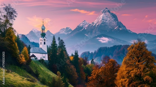 Iconic picture of Bavaria with Maria Gern church with Hochkalter peak on background. Fantastic autumn sunrise in Alps. Superb evening landscape of Germany countryside. Traveling concept background. photo