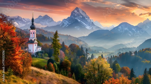 Iconic picture of Bavaria with Maria Gern church with Hochkalter peak on background. Fantastic autumn sunrise in Alps. Superb evening landscape of Germany countryside. Traveling concept background.