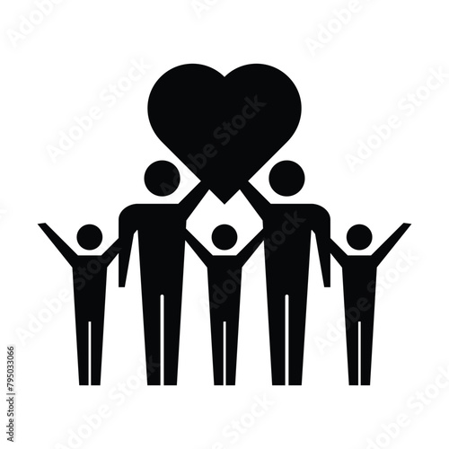 Community icon, people with heart symbol for charity, love, unity and harmony society in a glyph pictogram illustration