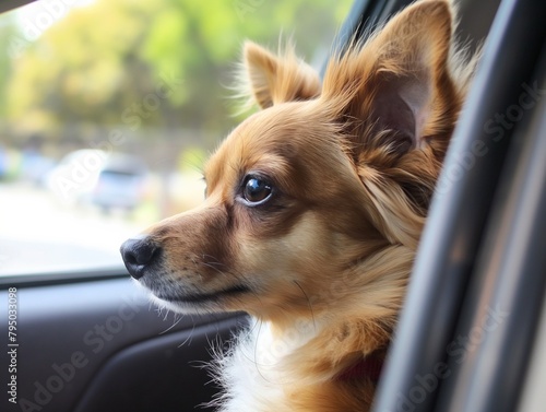 Dog travel by car. Cute dog, looking out of a car window © mirifadapt