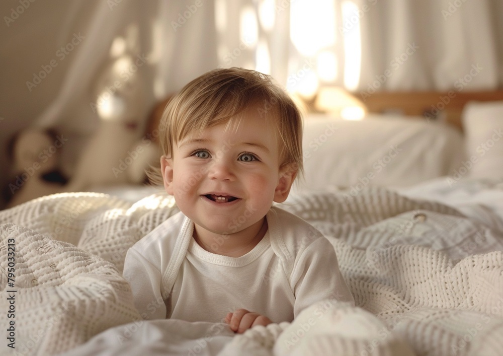 Cute Little boy in a white cloth lying in a bed in a bright bedroom. Cute Little boy in a white cloth lying in a bed in a bright bedroom.