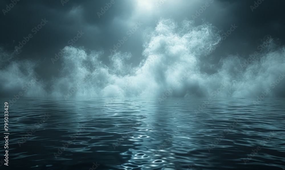 Obraz premium Enigmatic Misty Seascape - Fantasy 4K Wallpaper with Ethereal Atmosphere,Black background with white smoke, sea water reflection, fog and mist, dark atmosphere, fantasy style