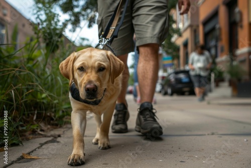 A close-up shot focused on a dog's paws while walking on a city sidewalk with its owner, creating a sense of companionship and daily life