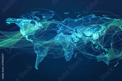Earth graphic, vector illustration, high-resolution, depicting the intricate web of global trade, with a focus on major trade centers and routes, symbolizing the interconnected global