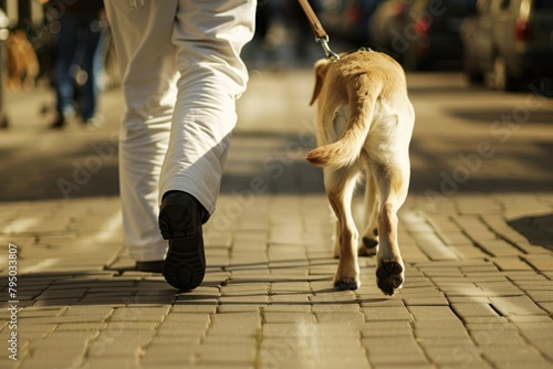 A snapshot showing the rear view of a person walking a dog on a sunny city street, depicting urban life and pet ownership photo
