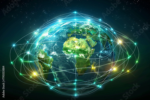 Earth, illustration global trade and commerce, with detailed trade lines connecting continents, network, connectivity, wireless, communication, internet