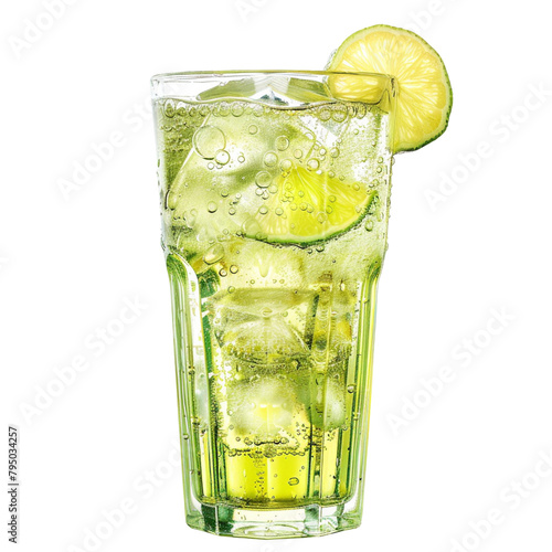 A fizzy lemon-lime soda in a vintage soda glass, with bubbles fizzing at the top, isolated on a transparent background.