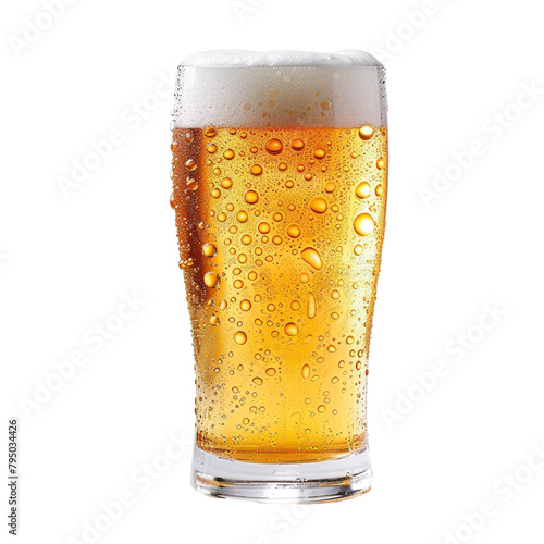 A frosty beer in a pint glass, with condensation droplets forming on the glass, isolated on a transparent background.