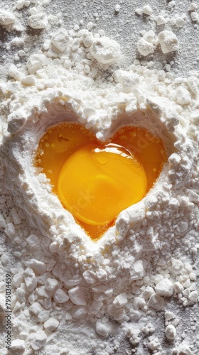 A photo of an egg yolk shaped like a heart sitting on top of white flour, symbolizing love and sweet treats for Valentine's Day celebration.