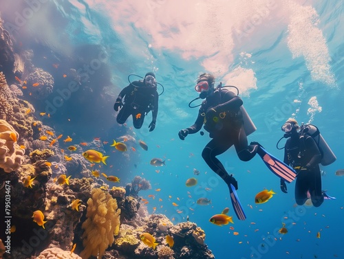 divers in a bright underwater reef with fish and corals