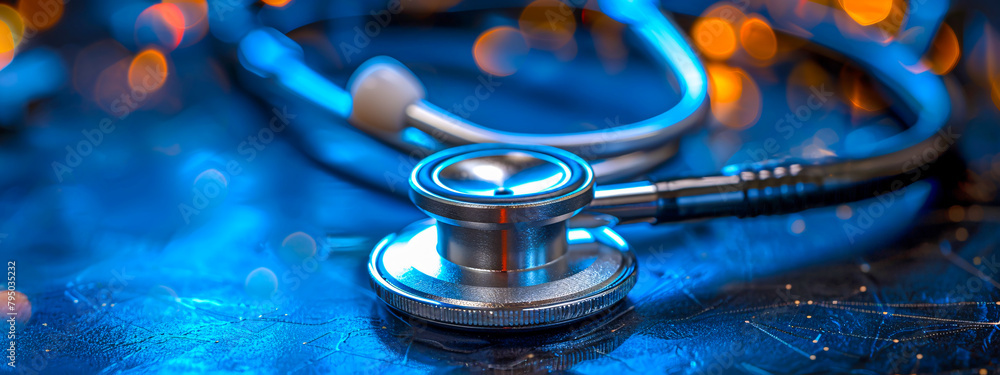 Healthcare and Medicine Concept with Stethoscope and Blue Background, Focusing on Cardiology and Diagnosis Healthcare and Medicine Concept with Stethoscope and Blue Background, Focusing on Cardiology and Diagnosis