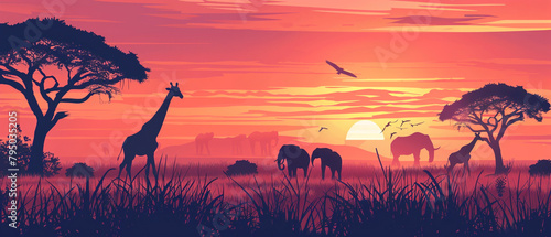 Vibrant African sunset creating a stunning silhouette of wildlife and trees on the savannah.