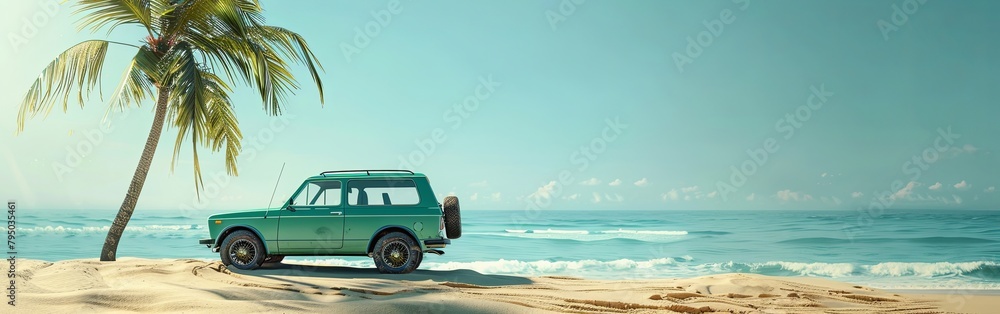 Turquoise Classic Car Ready for Summer Surfing Escape Turquoise Classic Car Ready for Summer Surfing Escape