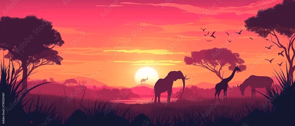 The image shows a stunning African sunset over the savannah with dark silhouettes of trees.