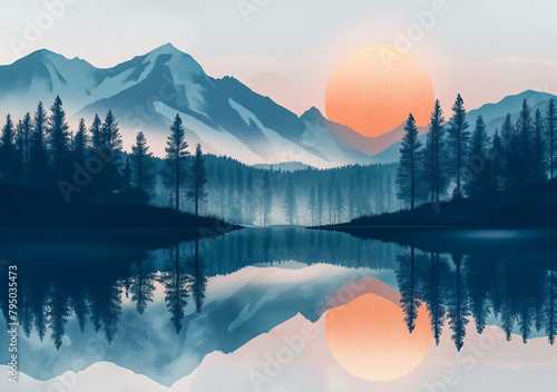 Illustration of mountain landscape. Forest, lake and mountains in fog