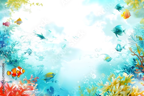 Watercolor border frame with underwater elements with fish algae and starfish AI Generated