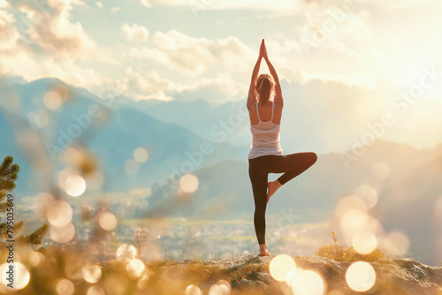 Woman practices yoga on background of mountains and sunrise © maribom