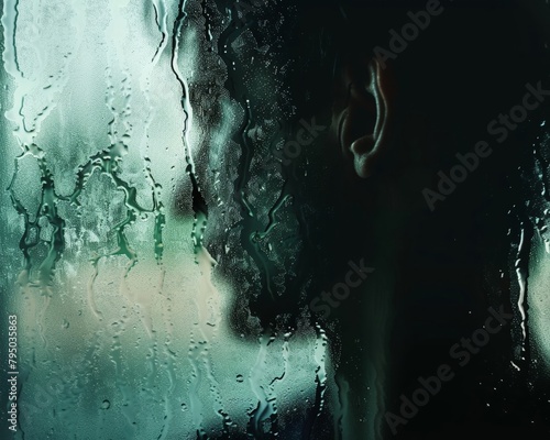 A sad man looking out the window on a rainy day photo