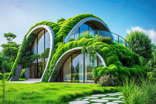 Sustainable modern luxury earth-sheltered home big lawn with trees, concept of eco friendly green roof house © maribom