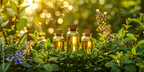 Natural Essence in Aromatherapy  Bottles of Herbal Oils with Green Leaves  Wellness Concept