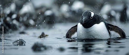 Oil spill causes harm to penguins and marine life on shoreline in nature. Concept Oil Spills, Environmental Damage, Wildlife Protection, Marine Life Conservation, Ecological Impact