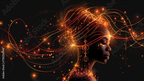 Poster of Digital African woman head, Artificial Intelligence concept. Abstract illustration of a head with glowing and fire shining, machine learning concept. Mental health care, ezoteric concept.