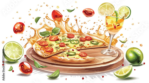 Flying wooden board with tasty pizza margarita on white background