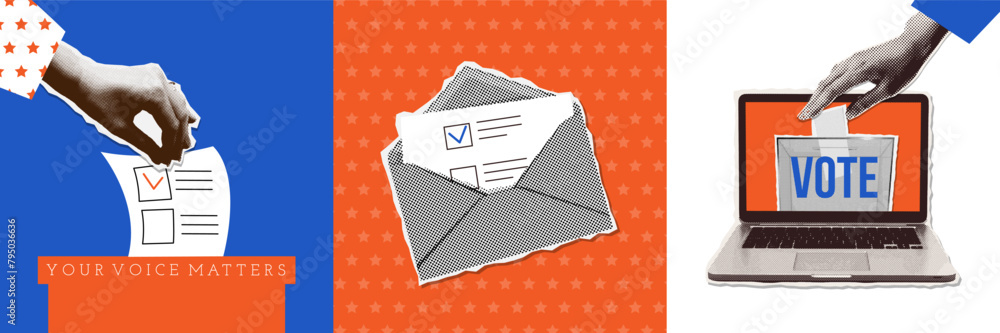 © LanaSham - Ballot box voting, online vote, mail polling square banners set. Halftone collage banners collection with hands. Vector poster concepts for web. Trendy vintage vector illustration. © LanaSham - Ballot box voting, online vote, mail polling square banners set. Halftone collage banners collection with hands. Vector poster concepts for web. Trendy vintage vector illustration.