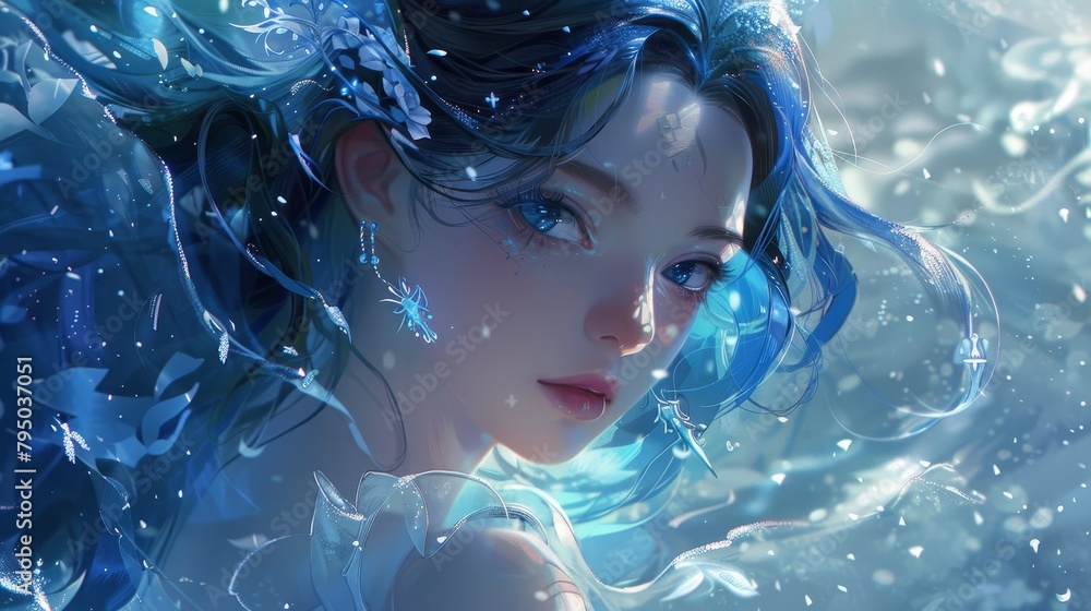 Woman in winter water, blonde hair, blue hat, snowy art