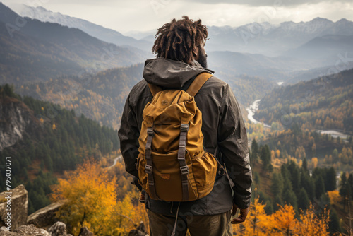 A man travels in the mountains with a backpack. © sofiko14
