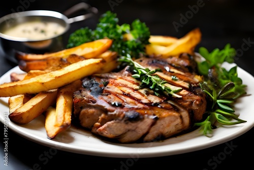 Herb marinated grilled pork chops steak with sliced French fries and vegetables served on a plate photo