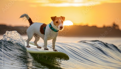 jack russell dog surfing on a wave , on ocean sea on summer vacation holidays