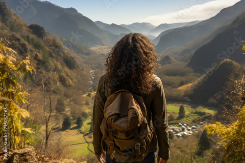 Woman travels in the mountains with a backpack.