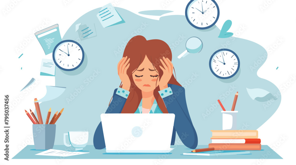 Stressed young businesswoman working under deadline illustration