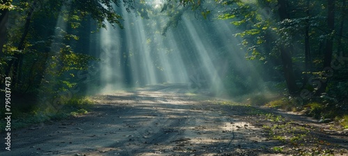 Sunlight filtering through the lush green forest creating beautiful rays of light