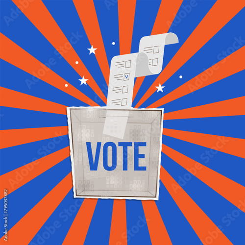 Election promo collage. Pop art banner with ballot in voting box and striped ray background. Collage for US Election 2024 campaign. Vector illustration © LanaSham