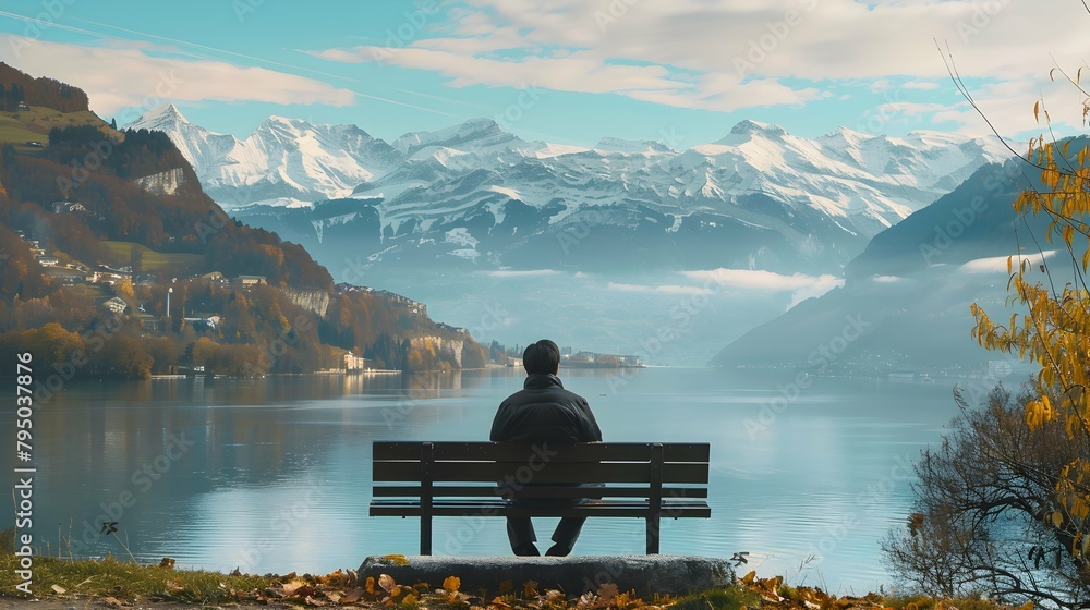 man sitting on bench with view on swiss alps and lake