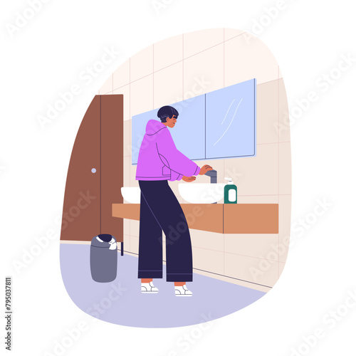 Person washing hands in public restroom, bathroom. Hygiene in WC, toilet. Man standing at sink, handbasin by mirror. Guy at washbasin in closet. Flat vector illustration isolated on white background