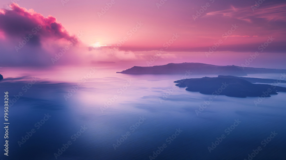 Pink foggy sunset at Santorini island Greece. 