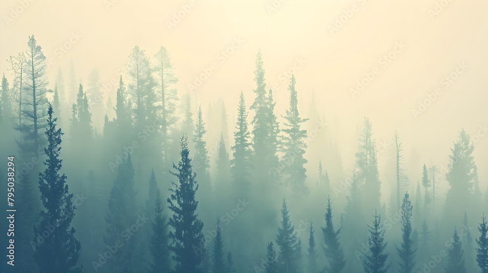 Fototapeta premium Misty landscape with fir forest in hipster vintage retro style