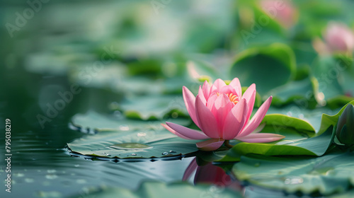 Pink lotus with green leaves on the pond. Macro image