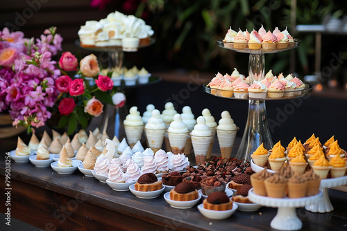 Elegant dessert table at a party featuring an array of frozen treats, including mini ice cream cones, frozen yogurt cups, and sorbet shooters 
