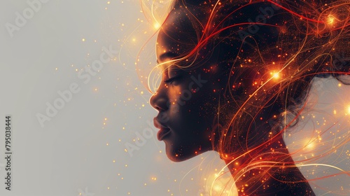 Poster of Digital African woman head, Artificial Intelligence concept. Abstract illustration of a head with glowing and fire shining, machine learning concept. Mental health care, ezoteric concept.