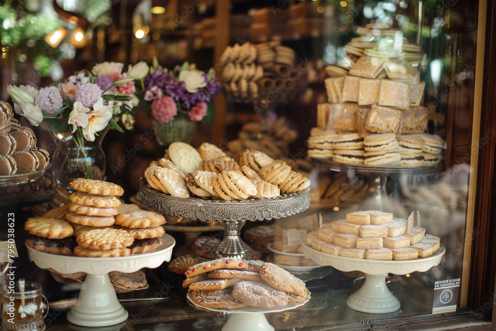 Elegant display of gourmet biscuits and shortbread in a chic bakery window, with a focus on intricate designs and textures