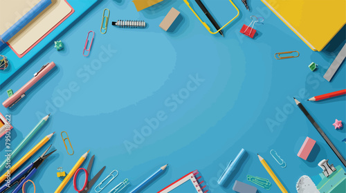 Frame made of stationery on blue background Vector illustration