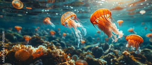 Toxic spill in ocean kills marine life jellyfish and fish found dead. Concept Oil Spill, Marine Life, Environmental Disaster, Ocean Pollution, Wildlife Conservation photo
