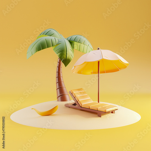 3d sandy island with sun umbrella, palm tree, and lounge chair on yellow background. Summer sea vacation, traveling to tropical country.